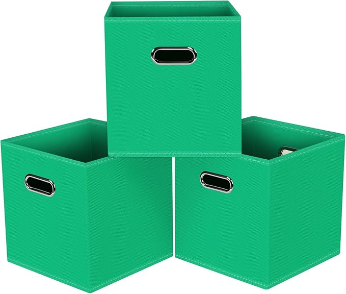 Black Foldable Storage Cubes Bins, Fabric Storage Box Cubes Organizer Baskets with Dual Handles for Home Organizer,Set of 3,(Green)