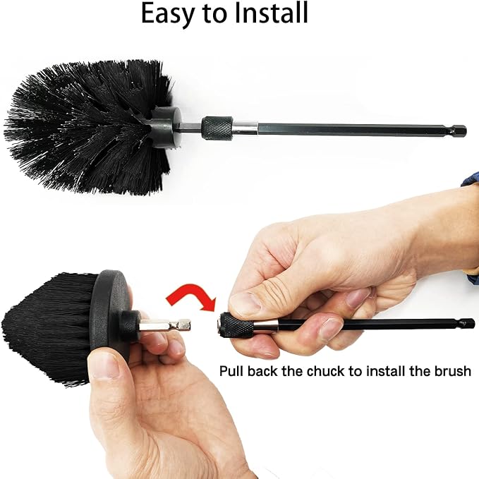 Drill Brush Attachment Set, 7 Pack 1/4in Power Scrubber Brush + Extend Long Rod, Brush Drill Attachment, Power Cleaning Scrub Brush for Bathroom, Tub, Tile, Corner, Floor（Black）