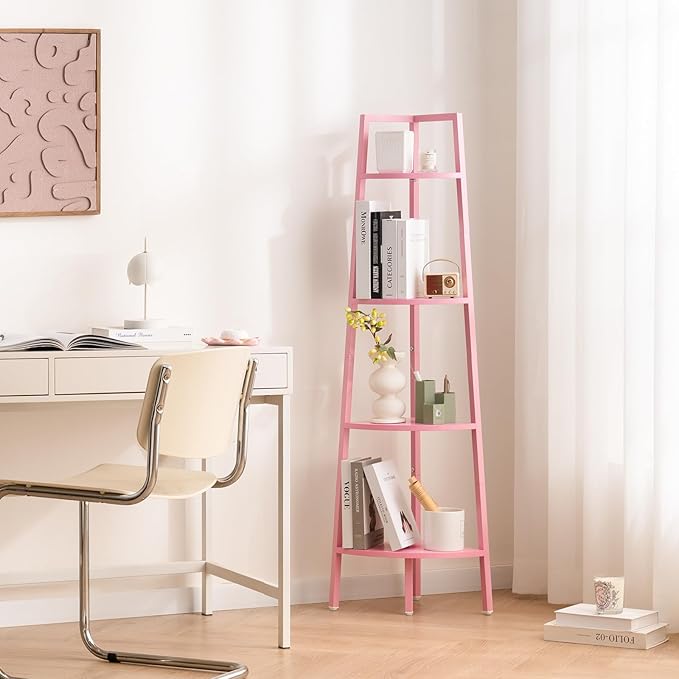 Yoobure Corner Shelf, 4-Tier Corner Bookshelf with Metal Frame & Wood Ladder Shelves - Display Shelf & Tall Bookcase, Plant Stand for Home Decor - Bedroom, Living Room, Office