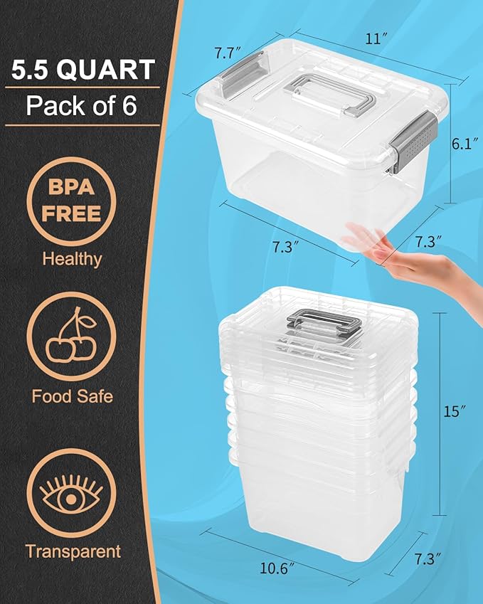 Plastic Storage Bins 7 Quart-Storage Organizer Bins with Grey Buckle Lids, Stackable Storage Bins with Lids for Home Office Kids Room Closet School Art Supplies Organization,6 Packs, Clear