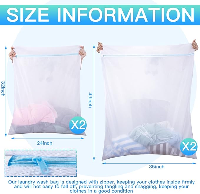 Windyun 4 Pieces Jumbo Mesh Laundry Bags, 43 x 35 and 24 x 32 Inches Large Mesh Wash Bags Zippered Garment Bag for Washing Machine Garment Dirty Clothes Washer Dryer Net Protector