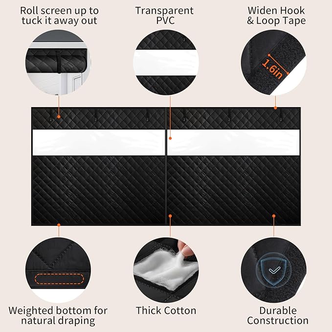 Thermal Insulated Garage Door Curtain with Clear Window, 16ft x 7ft Winter Door Cover for 2 Car Garage Heat Insulation with Thicken Polyester Fiberfill & Durable Oxford Fabric, Waterproof