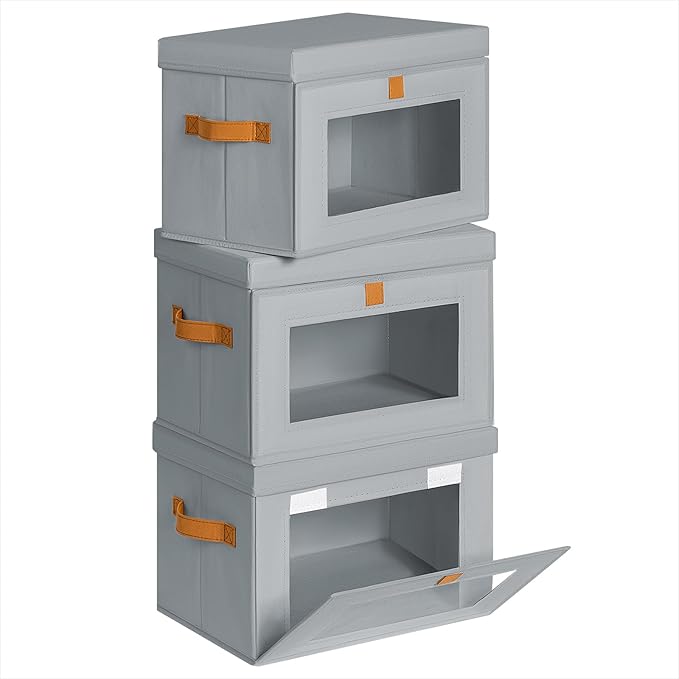 Small Fabric Storage bins - Collapsible Storage Bins with Open Window, 3 Pack Closet Baskets for Shelves, Stackable Decorative Boxes for Home, Dorm, Grey, 13.7"x 9.8" x 9.8"