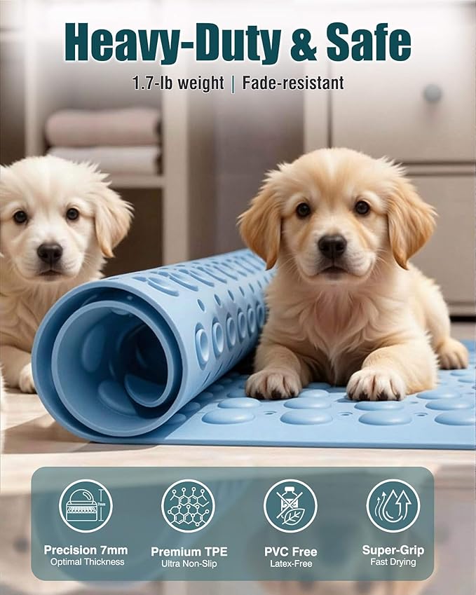 ShineHub Non-Slip Bath Mat for Tub Shower, TPE Machine Washable Bathroom Essentials with Suction Cups, Quick-Dry 28x16 Inch (Seashell Blue)