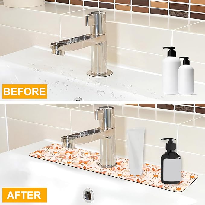 2 Pack Cute Rainbow Sink Splash Guard Faucet Mat Boho Rainbow Butterfly Super Absorbent Fast Drying Mat Sink Gadgets-Splash Guard Behind Faucet Drip Catcher for Kitchen Bathroom, 23.5"x5.5"