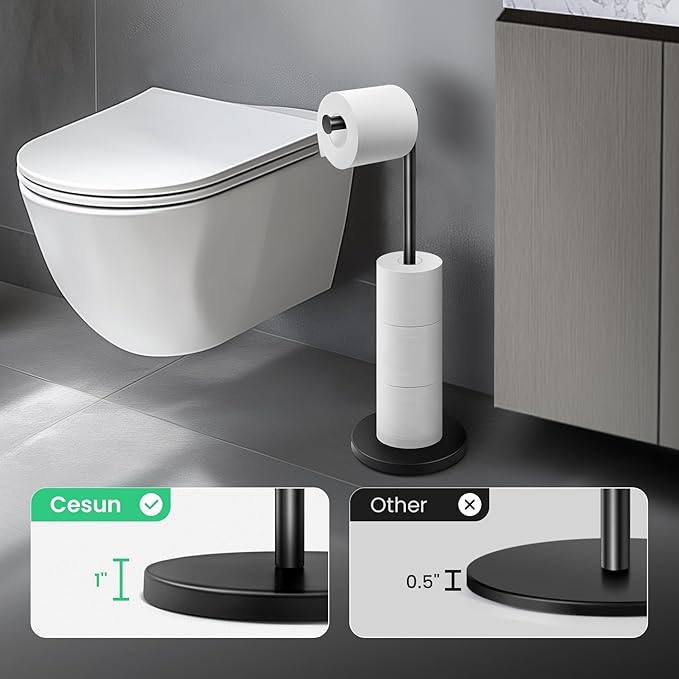 Cesun Toilet Paper Holder Stand Free Standing, Black Toilet Paper Storage with Heavy Weighted Base, Bathroom Stainless Steel Toilet Paper Roll Holder, Non-Slip, Matte Black