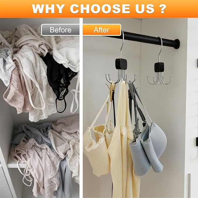 3 Pack Tank Top Hanger, Rotatable Bra Organzier for Closet, Bra Hanger for Closet Organizer, 360° Rotating & Foldable, Metal and Wood, Space-Saving Belt Hangers for Tank Tops, Belt, Tie (Black)