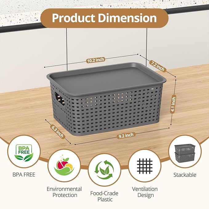 Plastic Storage Basket with Lids, Stackable Small Box Bins for Organizing and Containers for Shelves Drawers Desktop Closet Playroom Pantry Classroom Office Home, 8 Pack 10.2x7.2x4.1 Inch, Gray