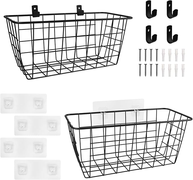 Wire Hanging Wall Basket, 2 Black Baskets Set Adhesive Wall Mount Organizer for Pantry Kitchen RV Bathroom Cabinet Storage Organization