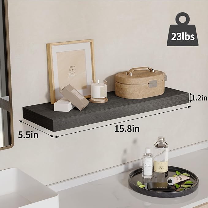 Fixwal 15.8in Floating Shelves, Rustic Wood Finish Wall Shelves Set of 4, Shelves for Wall Decor, with Invisible Brackets for Bathroom, Living Room,Bedroom and Kitchen(Gray)