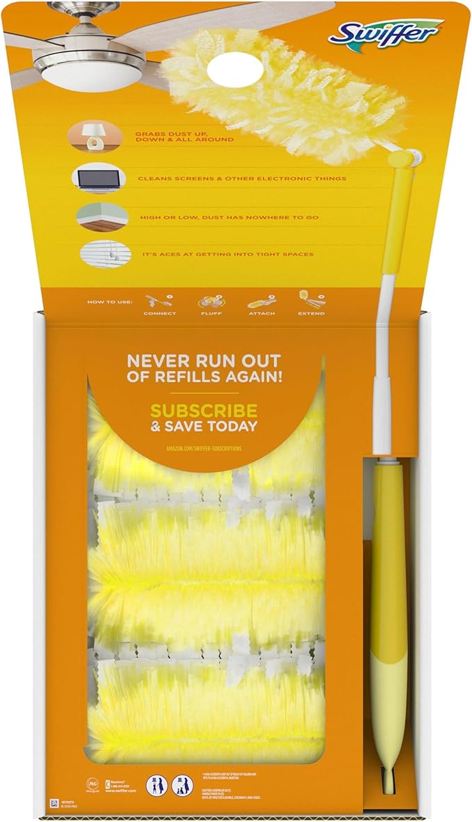 Swiffer Duster Kit with 3 ft Extendable Handle, Heavy Duty Dusting Starter Kit with 12 Refills, for Ceiling Fans, Vents and Hard to Reach Places