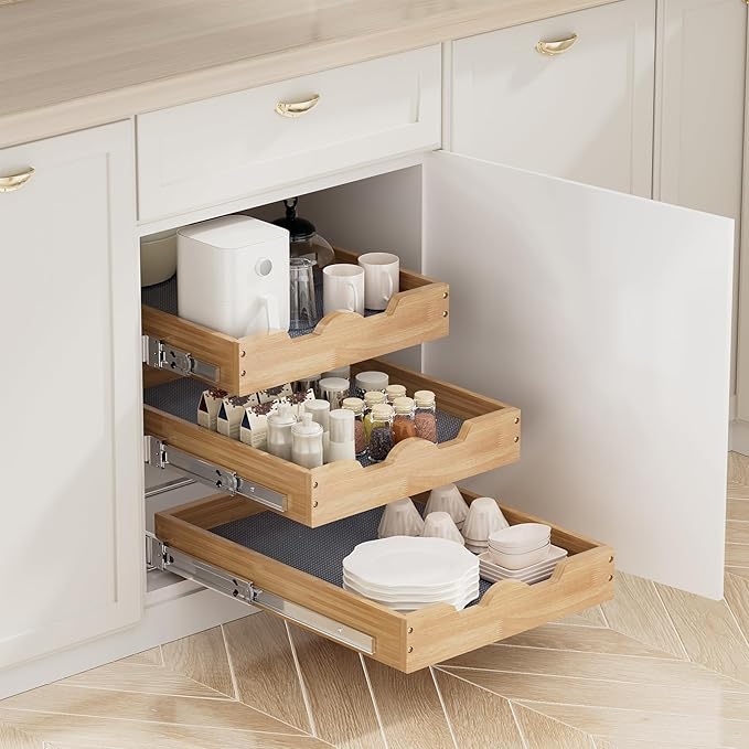 DINDON 3 Tier Pull Out Cabinet Organizer 14”W X21”D Slide Out Shelves With Shelf Liner for Kitchen Wood Roll Out Drawers Pantry Organization