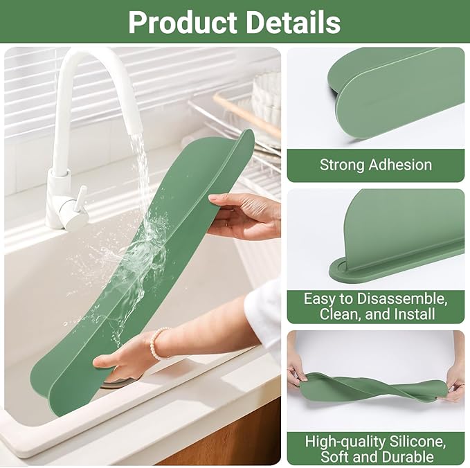 19.29 inch Silicone Sink Splash Guard, Splash Guard for Kitchen Sink Area, Backsplash Protector for Kitchen Countertop & Bathroom Bathtub with Non-Slip Strong Suction, Sage Green