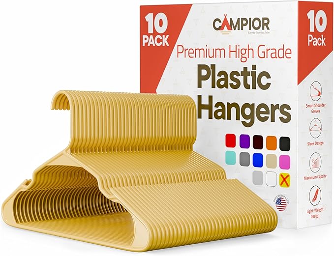 Plastic Clothes Hangers – Heavy Duty Hanger Set, for Organizing Clothes, Dresses, and Coat, Holds Up to 5 lbs, Space-Saving Hangers with Non-Slip Shoulder Grooves, Pack of 10, Yellow