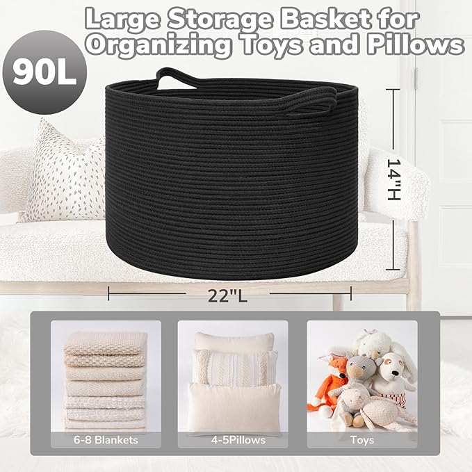 Goodpick Large Blanket Basket, 22"X 14" Woven Rope Baby Basket, Black Blanket Storage for Dirty Clothes, Kids Toy Storage Organizer Bins for Living Room