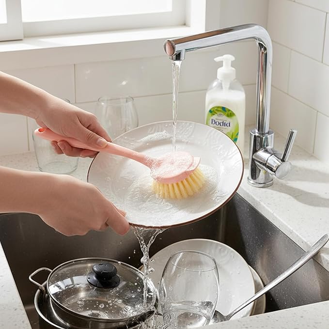 2 Pack Dish Brush with Handle – Long Handle Scrubber with Tough Bristles, Pink,Kitchen Brushes for Cleaning Pot, Sink and Stove