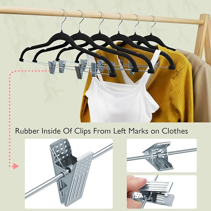 ManGotree Pants Hangers with Movable Clips, Non-Slip Velvet Skirt Hangers, Space-Saving Clothes Hangers for Pants, Skirts, Shirts, Coats, Dresses (18 Pack, Black)