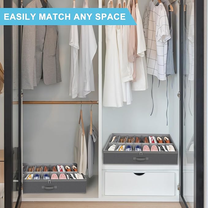 Under Bed Shoe Storage Organizer for Closet, Fits 32 Pairs Underbed Shoes Box Storage Containers Under the Bed Storage Foldable with Sturdy Handles&Clear Window for College Dorms Light Grey, Set of 2