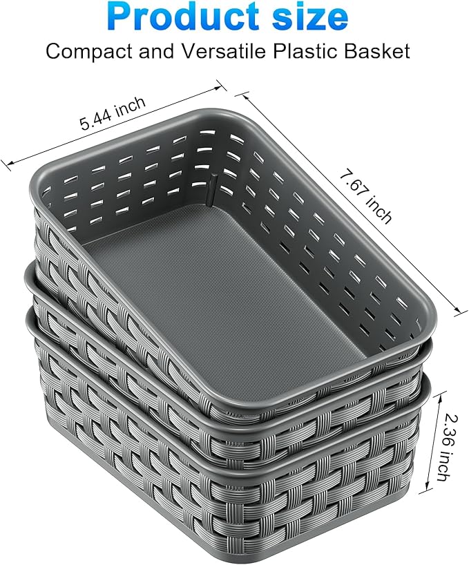 3 Pack Small Plastic Basket, Storage Bin Baskets for Organizing, Pantry Organizer Household Wicker Storage for Laundry Room, Bedrooms, Kitchens, Cabinets, Countertops, Dark Gray