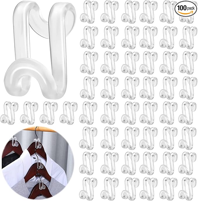 Unittype 100 Pcs Transparent Plastic Clothes Hanger Connector Hooks, Heavy Duty, Space Saving, Cascading