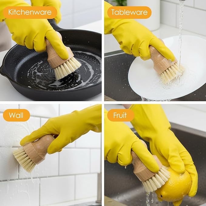10 Pack Bamboo Dish Brush Set, Natural Dish Scrub Brush with Handle, Wooden Dish Scrubber for Kitchen Cleaning, Eco-Friendly Scrub Brush for Dishes, Pots, Pans, and Vegetables