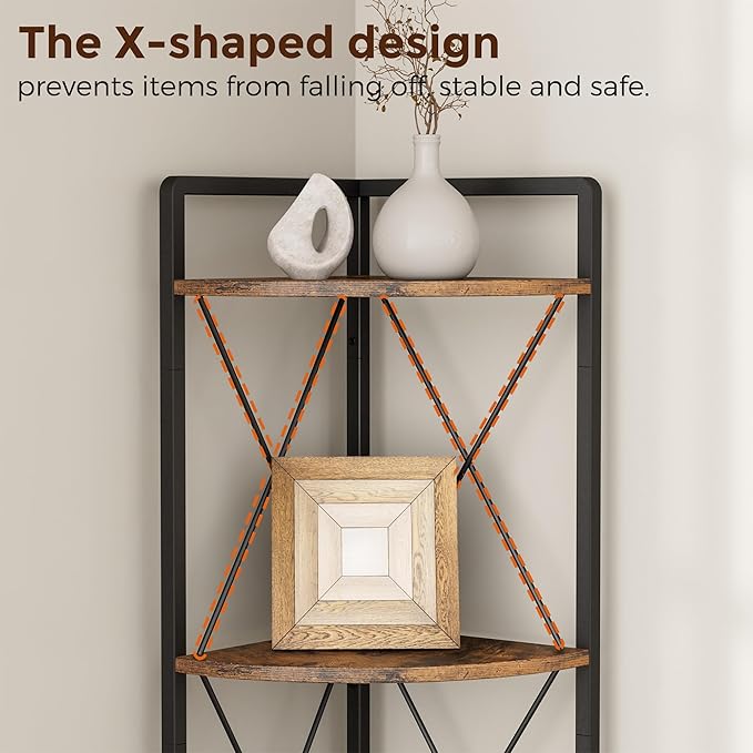 5 Tier Corner Shelf Stand, 64" H Tall Industrial Corner Bookshelf for Living Room Decor, Metal Corner Shelf, Plant Stand Display Shelf for Bedroom, Bathroom, Small Space, Rustic Brown