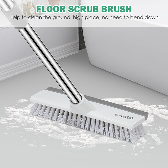 SetSail Floor Scrub Brush with 51-Inch Long Adjustable Handle 2 in 1 Scrape Brush Stiff Bristle Floor Scrubber for Cleaning Shower Bathroom Garage Kitchen Wall Deck Tub Tile, 2 Pack (Grey White)