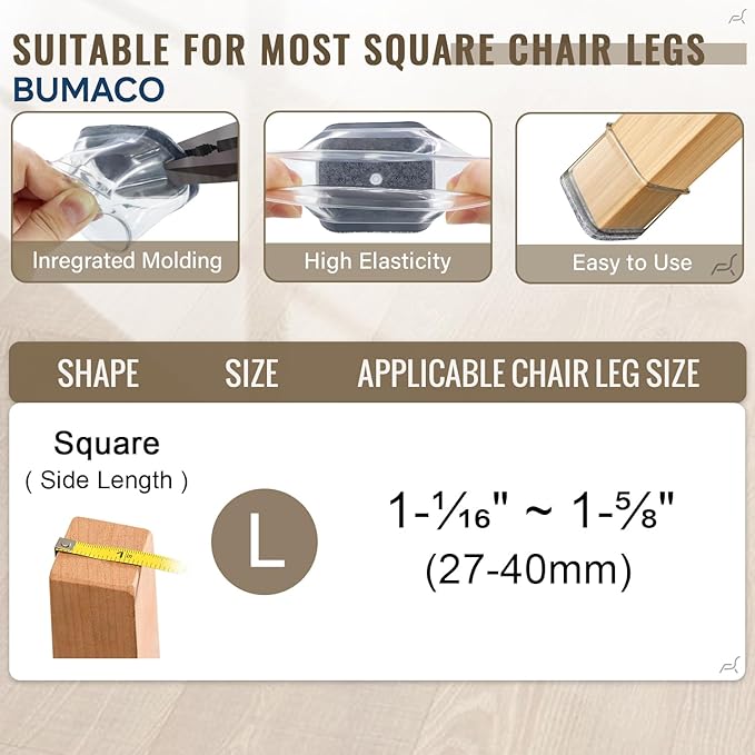 BUMACO Chair Leg Floor Protectors Square Chair Leg Protectors for Hardwood Floors Silicone Pads Covers to Protect Floors Clear-40 Pcs Square L (1-1/16" to 1-5/8")