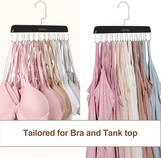 TOPIA HANGER Bra Hanger for Closet, 2 Pack Tank Top Hangers 40 Hooks Capacity Foldable Wood Space Saving Hangers Closet Organizer for Tank Top, Bra, Scarf, Belt, Tie etc - CT46B-2