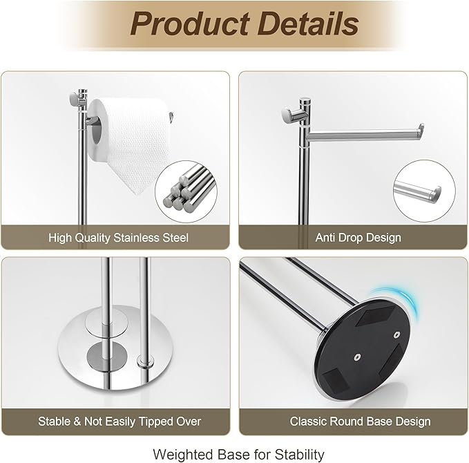 BVL Freestanding Toilet Paper Holder with Hook, Polished Chrome Stainless Steel Weighted Toilet Paper Holder Stand, Bathroom Freestanding Toilet Paper Holder Holds 5 Rolls