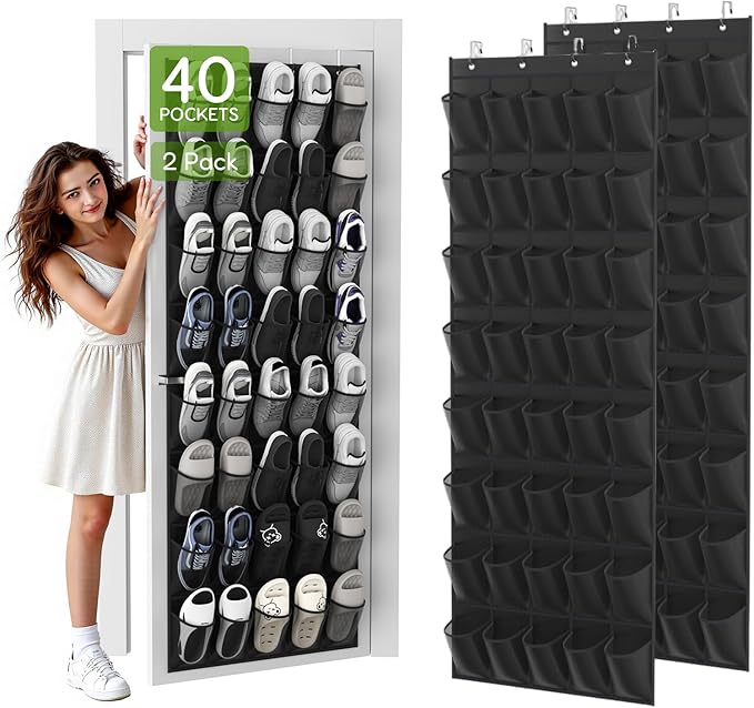 Unjumbly Over the Door Shoe Organizer with 40 Large Breathable Mesh Pockets, Space Saving Shoe Holder, Hanging Shoe Rack for Entryway Bedroom Closet Storage (Black, 80 Pockets)