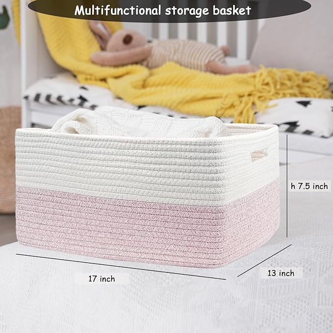 COMFY-HOMI 2 pcs Large Storage Baskets for Shelves, Laundry Basket, Woven Rope Basket, Closet Organizer Bins for Clothes Blanket Towels, Baby Nursery, Gift Toy Baskets, 17” x 13” x 7.5”-White/Pink