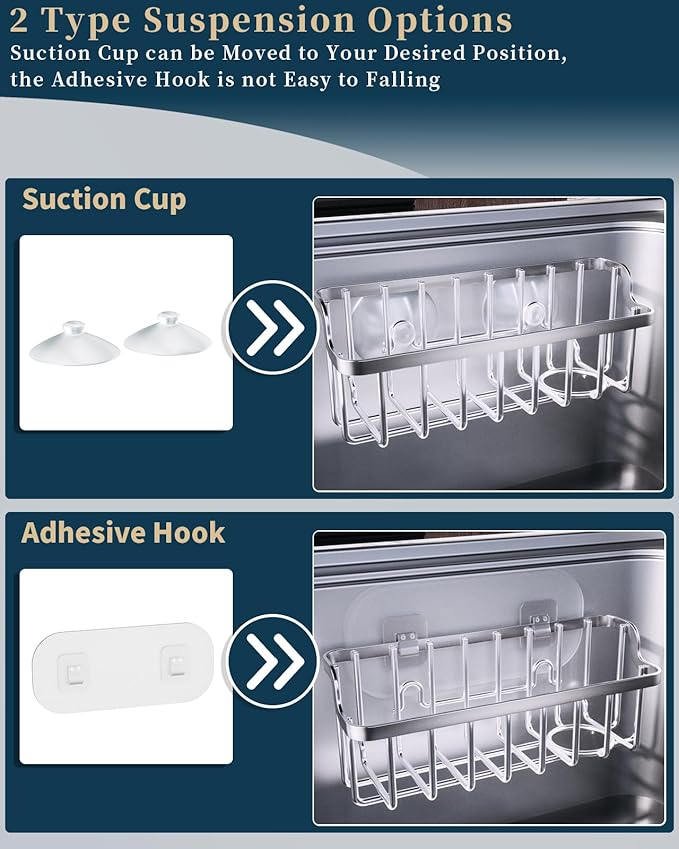 Consumest Sponge Holder Sink Caddy - Ladder Shaped Sponge Holder for Kitchen Sink with 2 Installation Ways (Suction Cups & Adhesive Hook), Rustproof Stainless Steel Kitchen Organizer, Silver