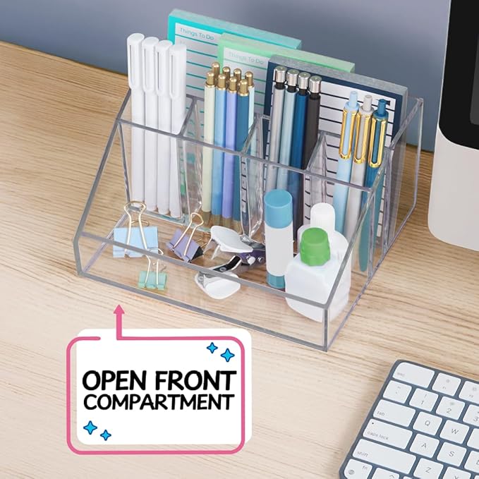 STORi Chloe Clear Plastic Stackable Desk Organizer, Rectangular 6-Compartment Office Supply Holder for Pens, Markers & Notepads, Made in USA