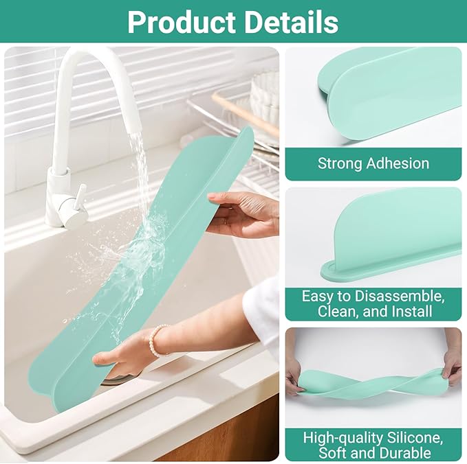 19.29 inch Kitchen Sink Splash Guard, Silicone Sink Baffle Splash Guard, Backsplash Protector for Kitchen Countertop & Bathroom Bathtub with Non-Slip Strong Suction, Mint Green