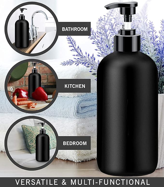 Black Soap Dispenser with Rust Proof Pump, Waterproof Labels (2 Pack,16 Oz), Plastic Hand Soap Dish Soap Dispenser for Kitchen, Premium Thick Soap Pump Bottles