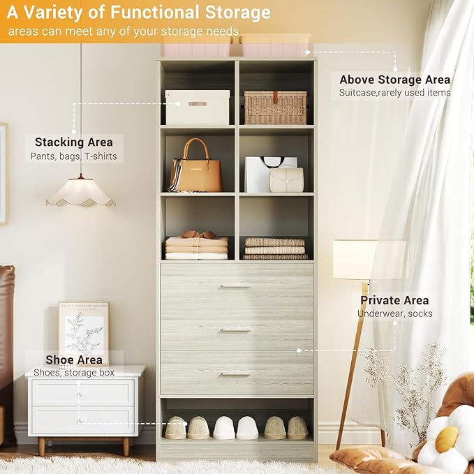 Homieasy Closet System Organizer with 3 Drawers and Partition Storage, Freestanding Wardrobe Organizer Modular with Shoe Shelf, Expandable for Walk-in or Reach-in Closets, White Oak