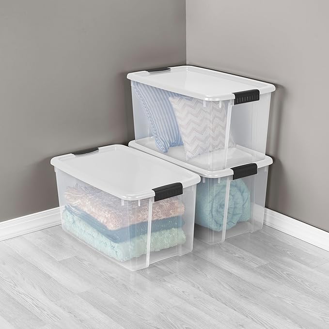 Sterilite 16-Pack Ultra Latching Box, Storage Bins with Lids, Clear Plastic, 70 Quart - Heavy-Duty Organizing Containers for Closet, Bathroom, and Office