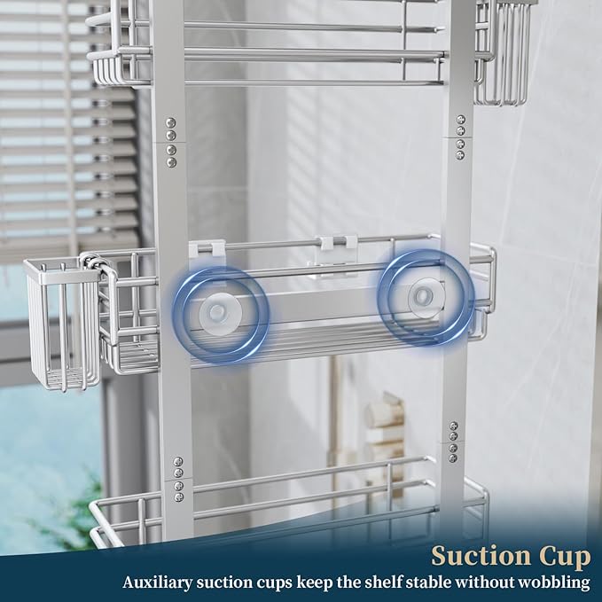 Consumest Over The Door Shower Caddy - 5 Tier Adjustable Shower Organizer Hanging with 2 Toothbrush Holders & 4 Hooks, Rustproof Organizer Shelf, Storage Rack for Bathroom, Silver
