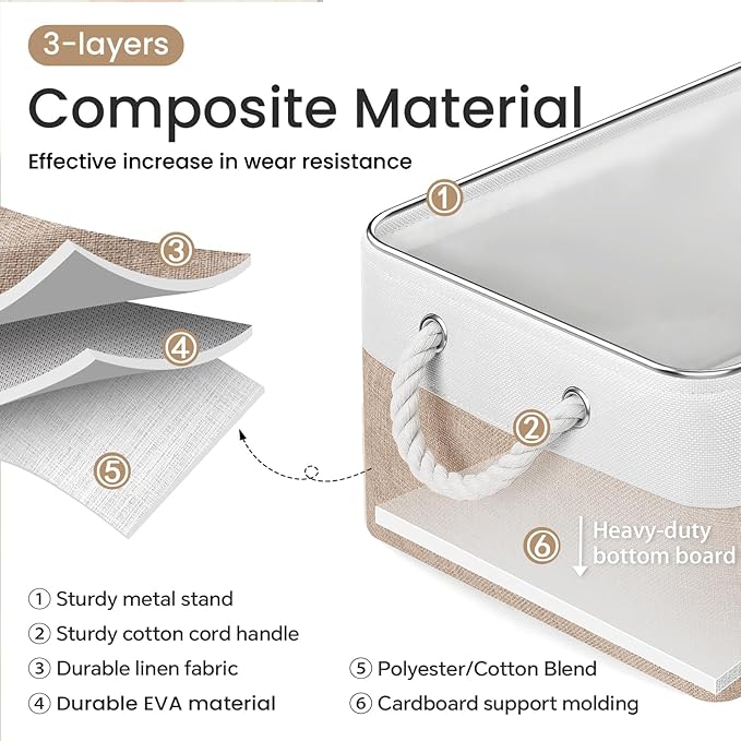 Large Storage Baskets- 15.7x11.8x8.26 inch Storage Bins for Shelves and Closet Organizing, Foldable Fabric Bin for Home Organization Clothes and Laundry (3-Pack, White&Khaki)