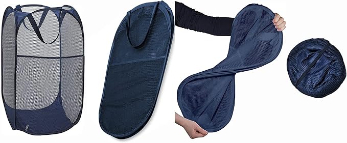 2 Packs Mesh Pop up Laundry Hamper (Black/Navy Blue) with Portable Durable Handles, Collapsible for Storage, Folding Pop-Up Clothes Hampers for Apartment, Home, College Dorm or Travel