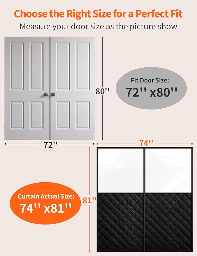 Magnetic Thermal Insulated Door Curtain for 72"x 80" Doors, Visible Door Cover for Heat Insulation, Magnetic Closure Thick Draft Blocker Blanket for Doorway to Keep Warm in Winter Cool in Summer