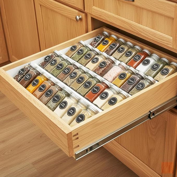 GOENDR Metal Spice Drawer Organizer, 4-Tier 2 Set Spice Rack for Drawer, Expandable From 11.4" to 22.8" Seasoning Organizer, Kitchen Spice Rack Tray for Drawer/Countertop (Jars not included) White