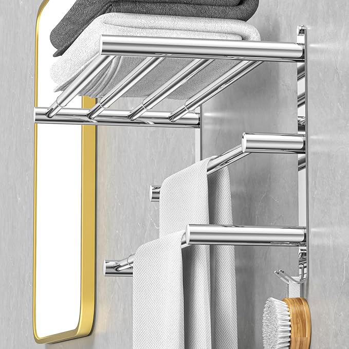 CAXIMSY Adjustable Towel Bar for Bathroom Wall Mount17-30.7inch Adhesive Shower Towel Rack Stainless Steel Bath Towel Holders for Toilet Kitchen Double Towel Hanger (3-Layer Towel Rack)