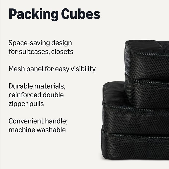 Amazon Essentials 4-Piece Packing Cubes Travel Accessories Set, Luggage Organizer with Double Zipper, Mesh Top, 100% Polyester, 2 Medium/2 Large, Black (Previously Amazon Basics)