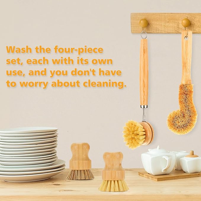 Bamboo Dish Brushes Sets 4 Tools in One Kitchen Clean Dish Scrubber for Pots Pans Bottles with Natural Bristles (Bamboo Brushes Sets)