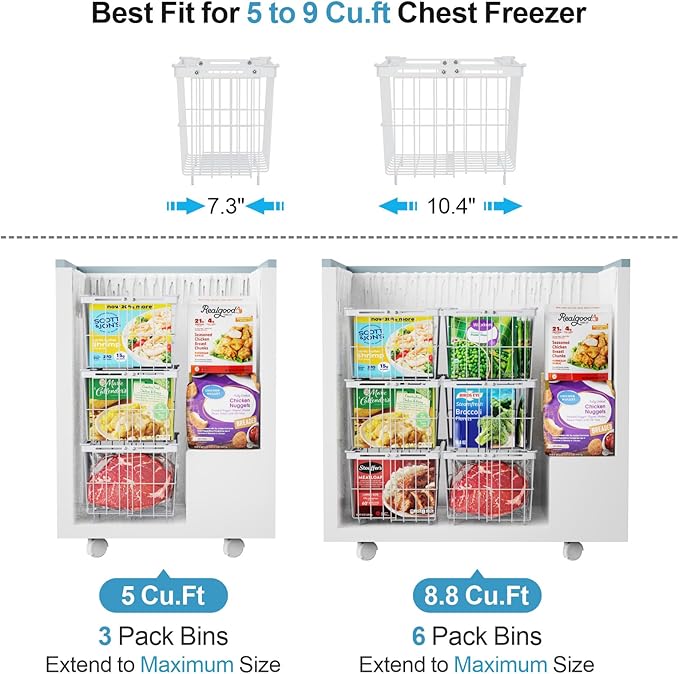 iSPECLE Freezer Organizer Bins - 4 Pack Adjustable Width for 5 to 7 Cu.Ft Chest Freezers, Stackable Wire Storage Baskets for Deep Freezer Organization, Assembly Required, White