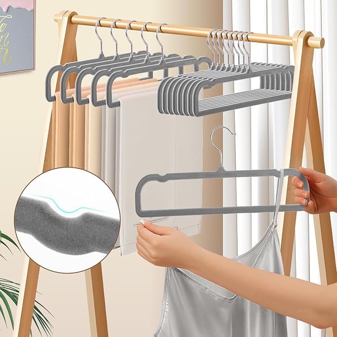 14 Inch 30 Pack Velvet Pants Hangers Non Slip,Slim Felt Jean Hangers with 10 Hooks and 2 Clips,Strong Durable Thin Space Saving Clothes Hanger with 360°Swivel Hook for Shorts,Skirts Bra(Grey)