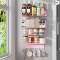 Magnetic Spice Rack for Refrigerator, 5 Pack Metal Strong Magnet Spice Organizer Shelves with Hook Rack, Space Saving Magnetic Fridge Shelf for Home Kitchen Organization and Storage (Pink)
