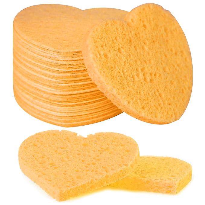 100-Count Compressed Facial Sponges for Estheticians Heart Shape Natural Cellulose Sponge Cosmetic Spa Sponges for Face Cleansing, Massage, Pore Exfoliating, Mask, Makeup Removal, Deep Yellow